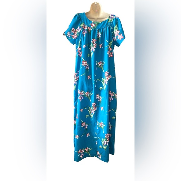 Vintage Hilo Hattie Muumuu Maxi Dress Hawaiian Round Neck Teal Pink Aloha XL EUC - Picture 4 of 10